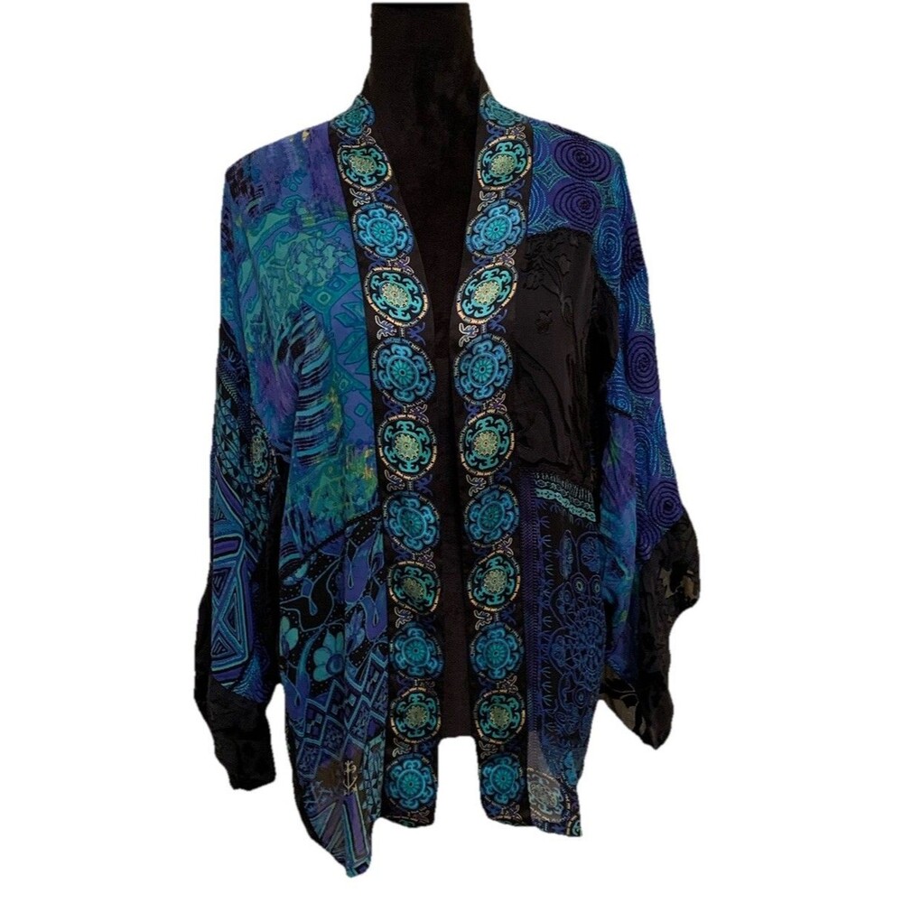 Chicos Silk Blend Patchwork Kimono Jacket Size S/M Embroidered Mixed Material
